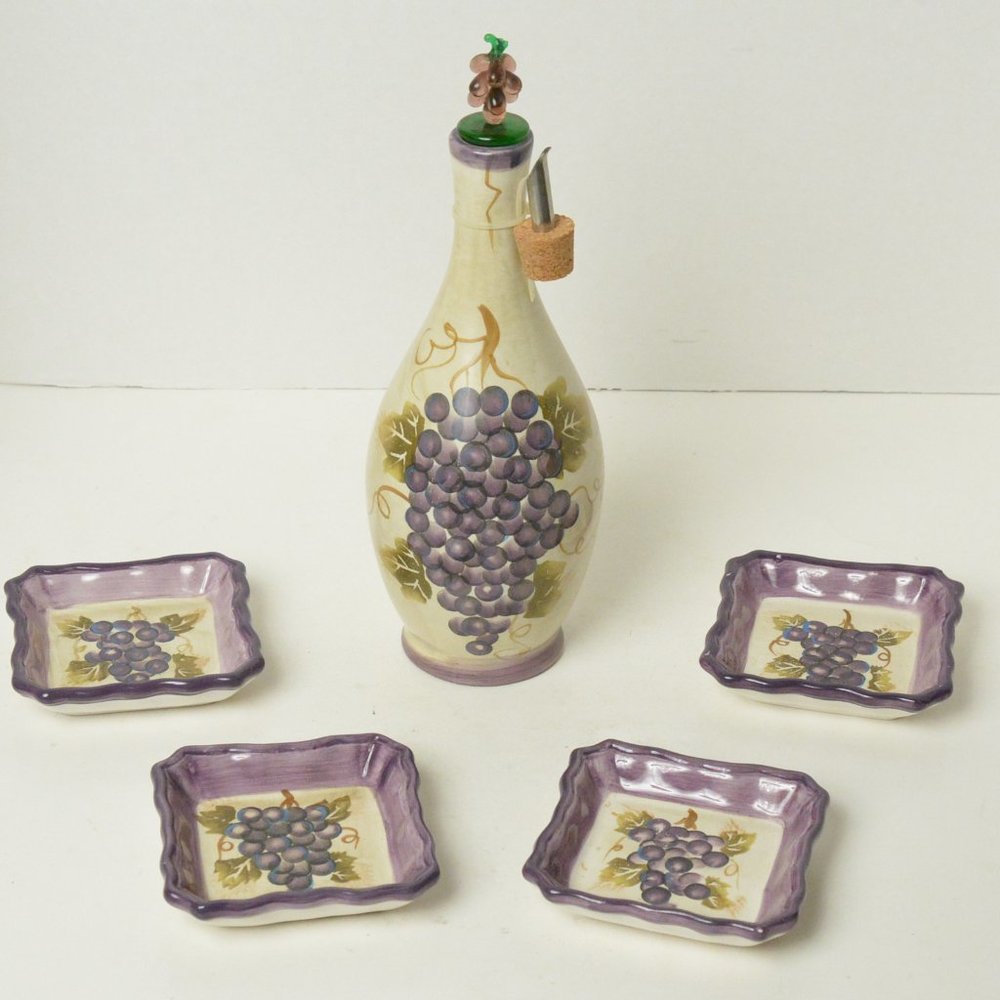 NEW TABLETOPS UNLIMITED MERLOT 5-piece Olive Oil Dipping Set Handpainted Ceramic